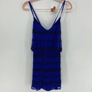 Yumi Kim Royal Blue Black Beaded Stripe Spaghetti Strap Mini Dress Womens XS